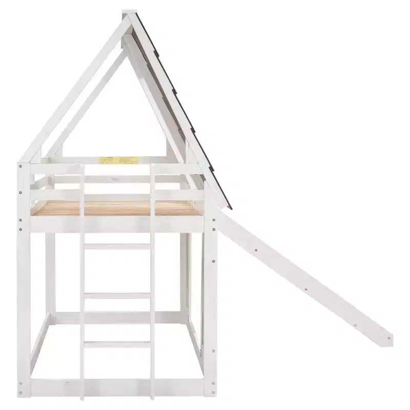 Bunk Bed Frame with Roof, Window, Guardrails & Built-in Ladder(Upgraded) - White & Brown