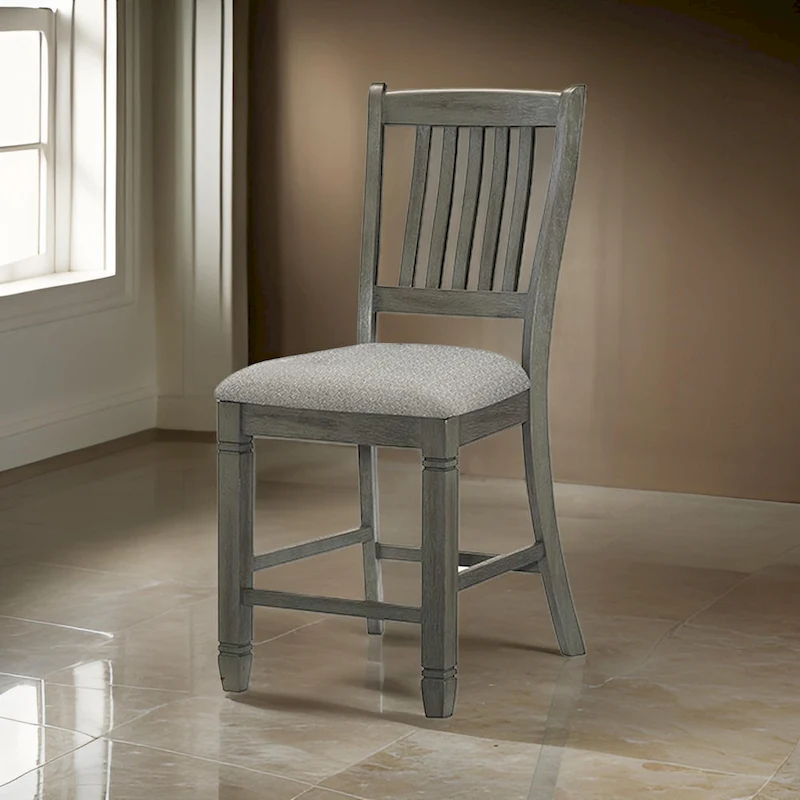 26 Inch Counter Height Chair Set of 2, Slat Back, Gray Wood, Fabric Seat