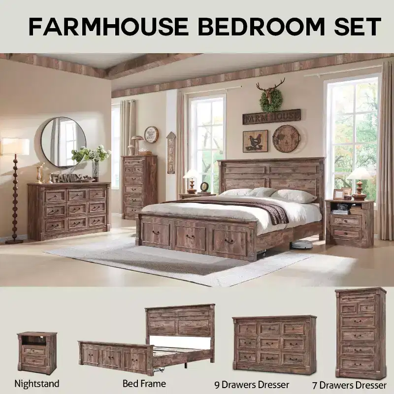 26 Nightstand with Charging, 23.6 Farmhouse Table Open Shelf & 2 Drawers