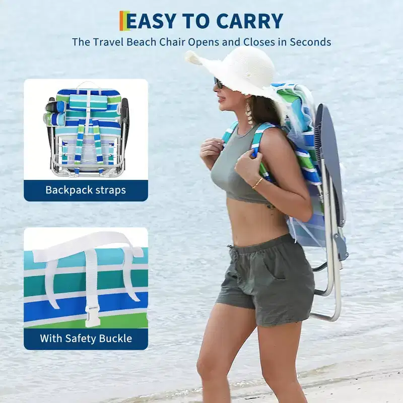Folding Lightweight Backpack Beach Chair, Lay-Flat 5-Position Recline, 300LBS Load with Cup Holder, Phone Pocket & Towel Bar