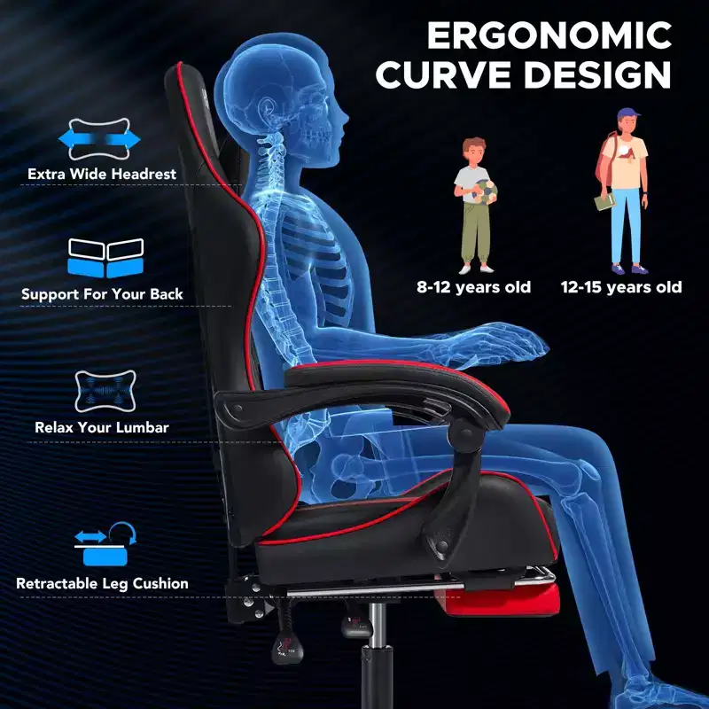 Hoffree Kids Massage Gaming Chair Ergonomic Office PC Chair with Footrest & Adjustable