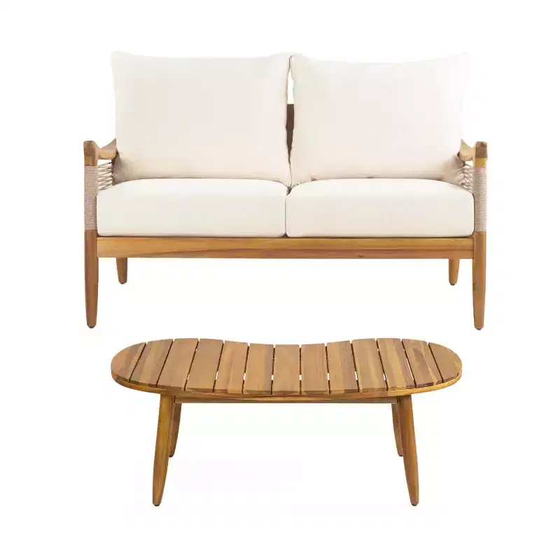 Christopher Knight Home Abell 2 Piece Outdoor Woven Rope Acacia Wood Upholstered Seating Set