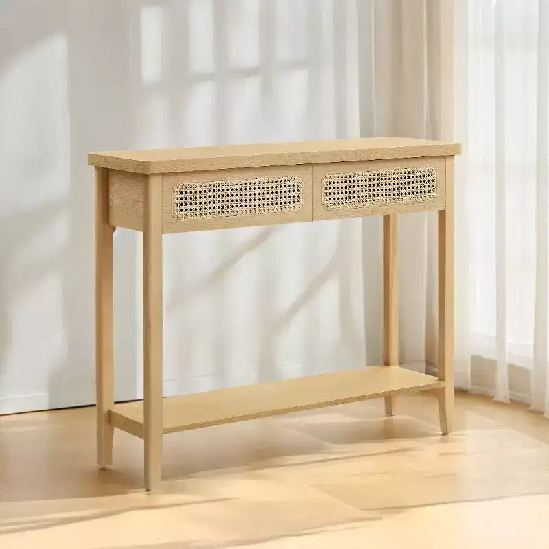 Rattan Console Table with 2 Drawers & Open Shelf, Narrow Entryway Table, 39.4