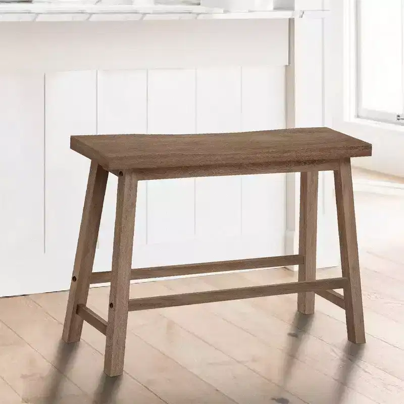 33 Inch Saddle Seat Bench with Angled Frame, Sandblasted Acacia Wood Construction