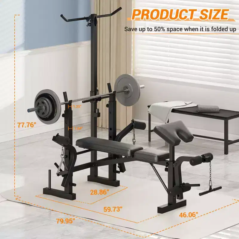 GustoWave Adjustable Weight Bench Set, Foldable Multi-Function Bench Press Rack with Preacher Curl Pad, Leg Developer & LAT Pulldown