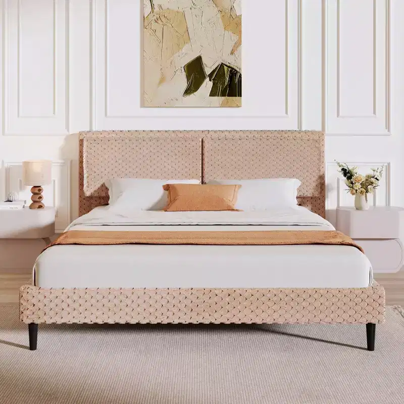 Queen/King Size Upholstered Bed Frame with Soft Backrest, Wood Platform Bed Frame for Bedroom - ModernLuxe