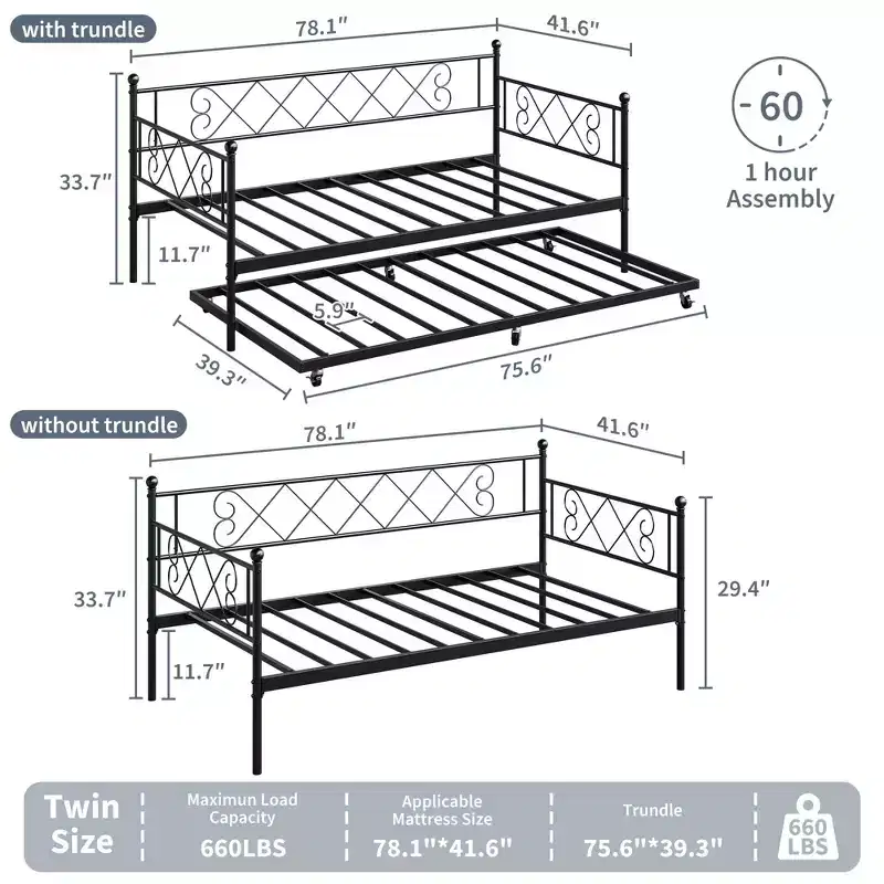Twin Daybed Frame  Heavy Duty Metal Slats Mattress Foundation, Platform Sofa Bed with Headboard for Bedroom, Living Room & Guest Room