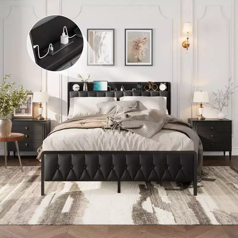 GustoWave All-Metal Platform Bed Frame, with Button Headboard and Charging Station