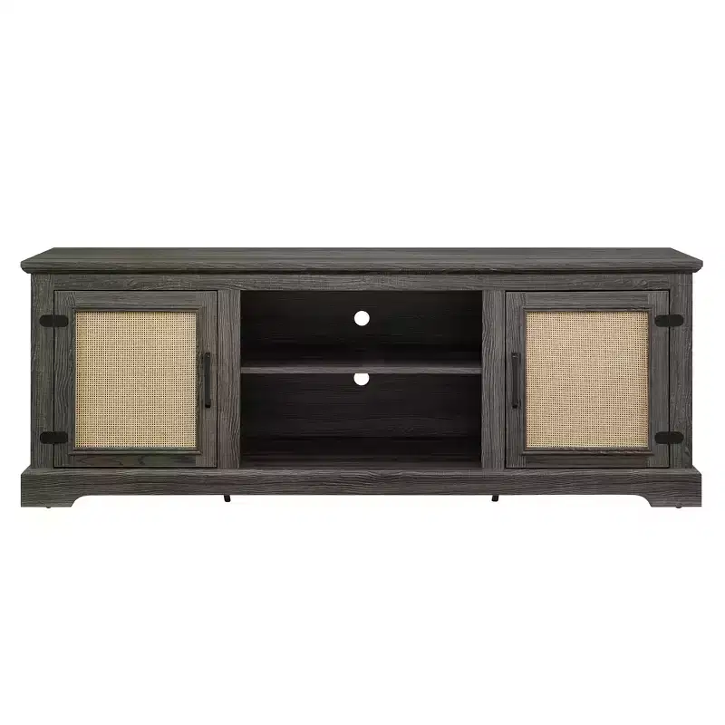 Farmhouse TV Stand for Screens up to 70 Inches - 2 Open Shelves, 2 Rattan Doors, MDF