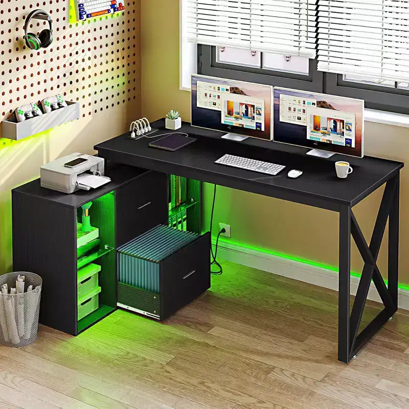 Black 55inch L Shaped Desk Reversible Corner Computer Desk with Drawers & LED Lights with 4 Glass Open Storage Shelves