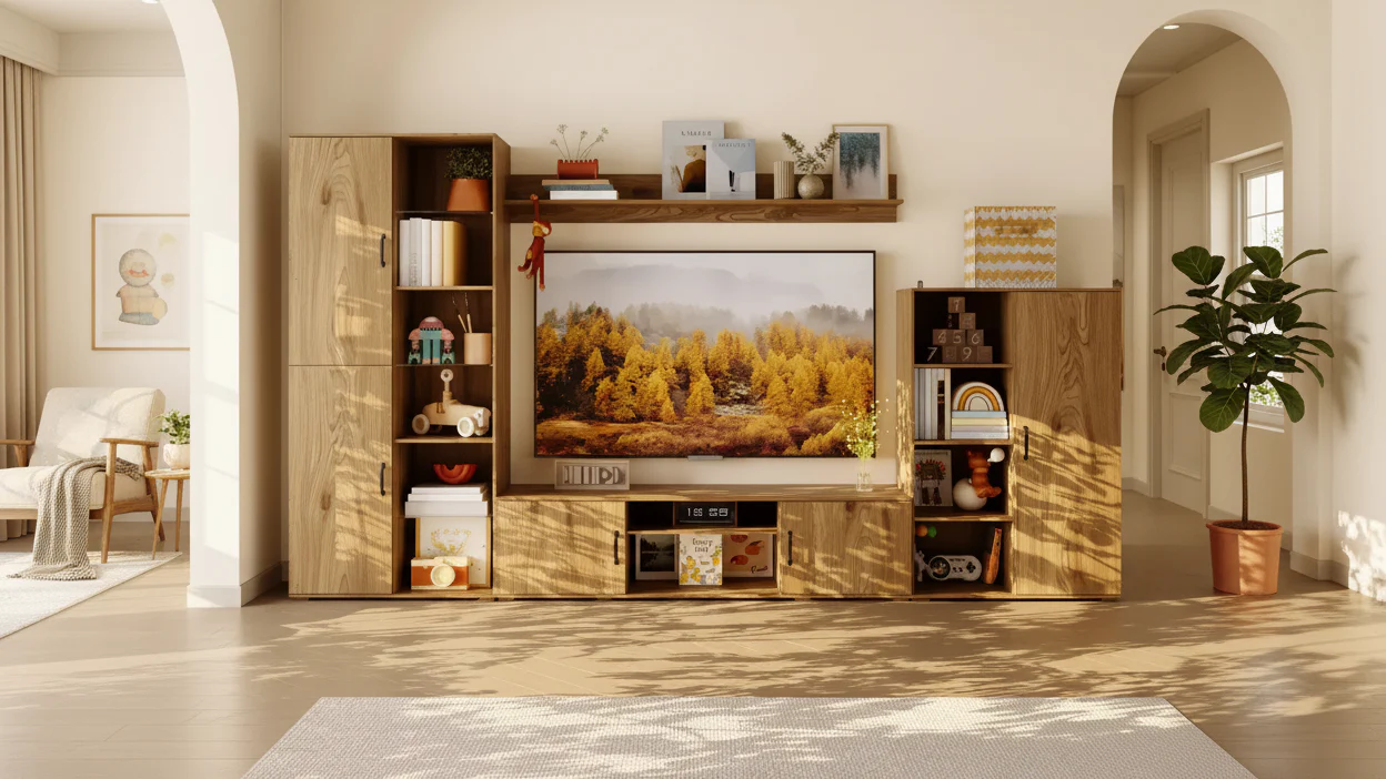 Large Oak Media TV Stand Wall Cabinet System for Living Room with Bookshelves and TV Storage Entertainment Center