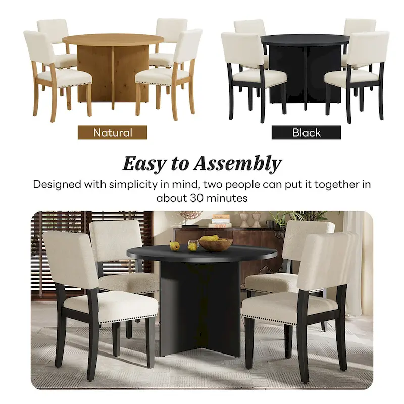 4 People Round Dining Table Set, 5 Piece Kitchen Table Set with Round Dining Table and 4 Upholstered Dining Chairs
