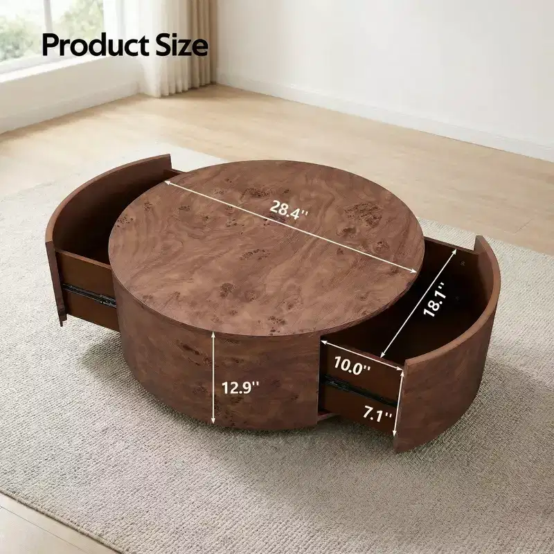 28.4-Inch Walnut Rotating Coffee Table with 2 Hidden Drawers 360 Rotatable Tabletop