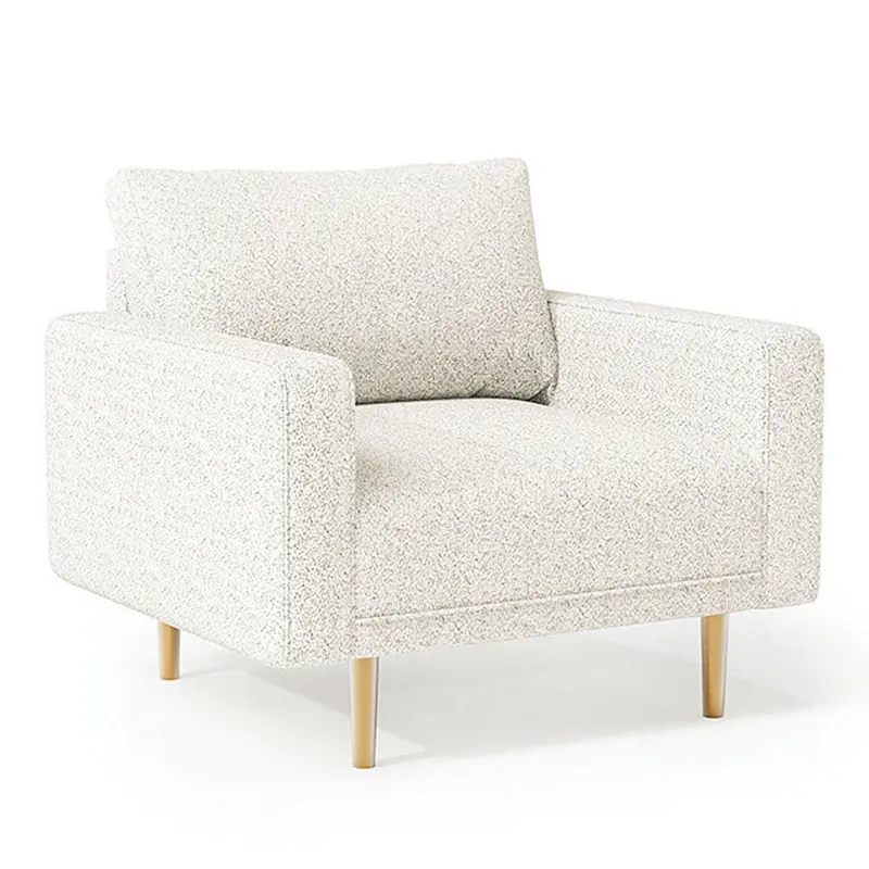 Off White Boucle Bench Seat Accent Chair with Track Arms and Brown Wood Legs for 1 Person
