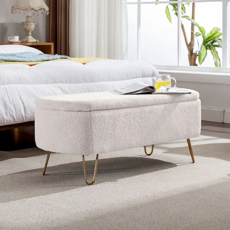 Upholstered Storage Bench with Gold Legs — Faux Fur, End of Bed or Entryway