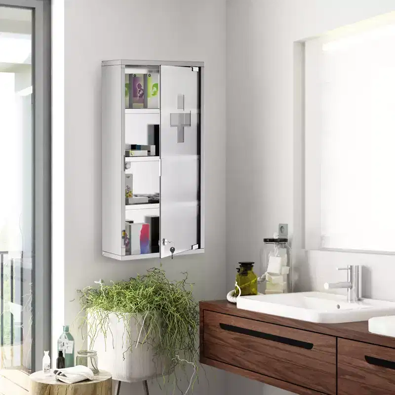 4-Tier Wall Cabinet with Lockable Glass Door & Stainless Steel Frame, Includes 2 Keys, Ideal for Home, Apartment, Bathroom