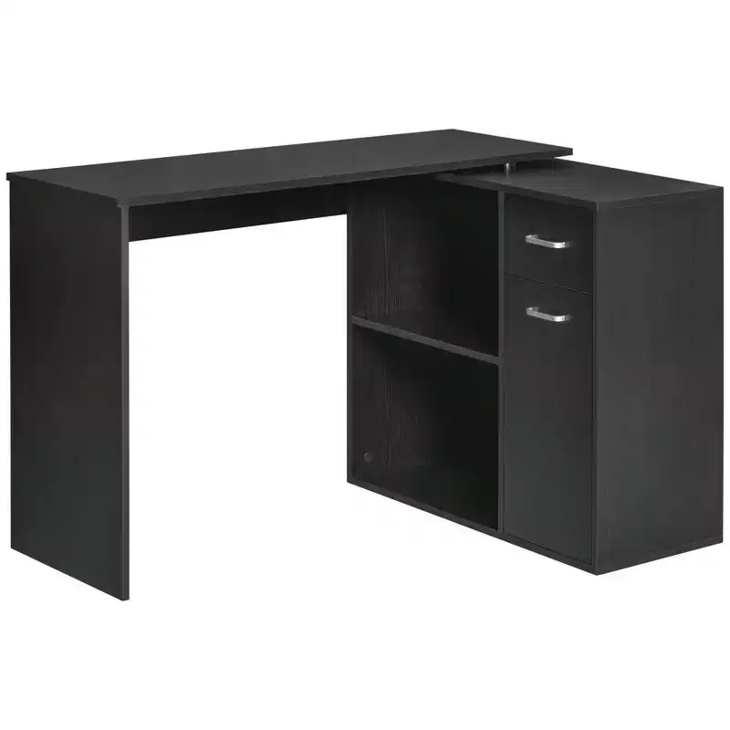 HOMCOM L Shaped Corner Computer Desk Workstation with Rotating Storage Shelves and Drawer for Home & Office