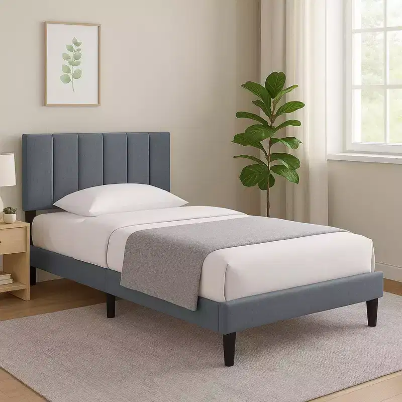 Full Bed, Soft Channel Tufted Charcoal Gray Linen Upholstery