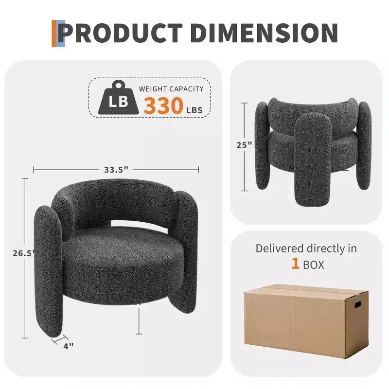 Oversized Chenille Armchair Modern Barrel Accent Chair Upholstered Mid-Century Round Chair With Open Back Single Sofa Extra
