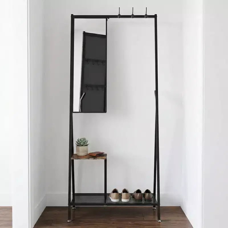 Coat Rack with Mirror & Shoe Storage, Industrial Hall Tree with Aluminum Frame, Entryway Organizer for Living Room Bedroom, Rustic Brown & Black