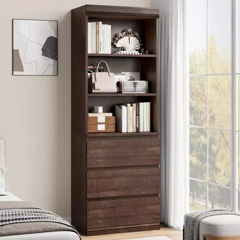 COZONY 70 Tall Bookcase with Drawers, Deep Wooden Bookshelf Storage Cabinet Organizer, Farmhouse Style, Home Office/Living Room, Brown