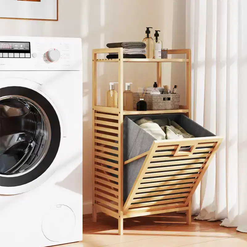 Tilt-out Laundry Hamper w/ 2-Tier Shelves & Tilt-out Basket Bamboo Organizer