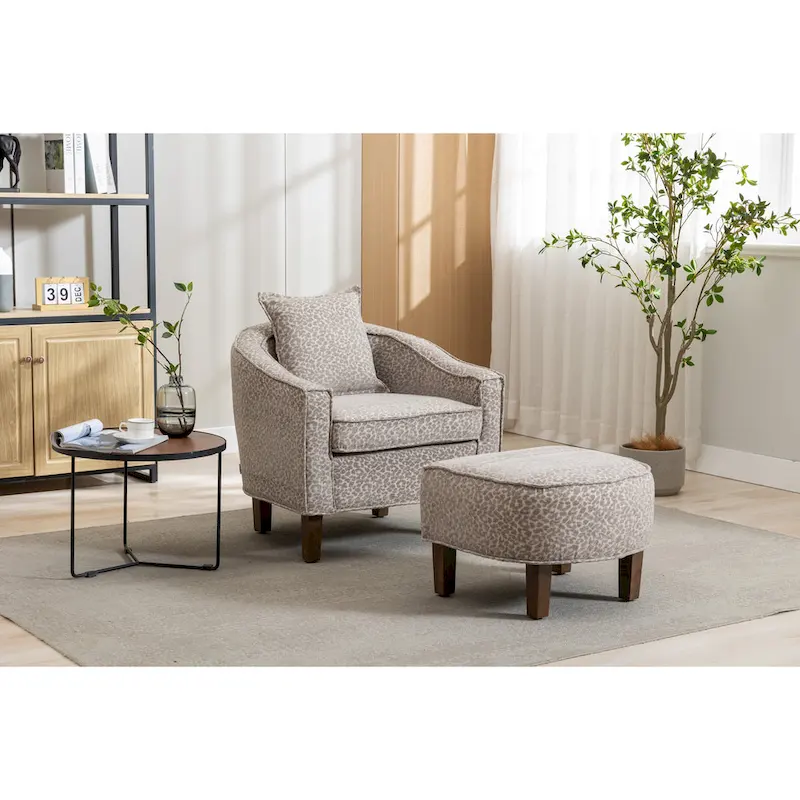 Mid-Century Upholstered Barrel Accent Round Arm Chair with Ottoman