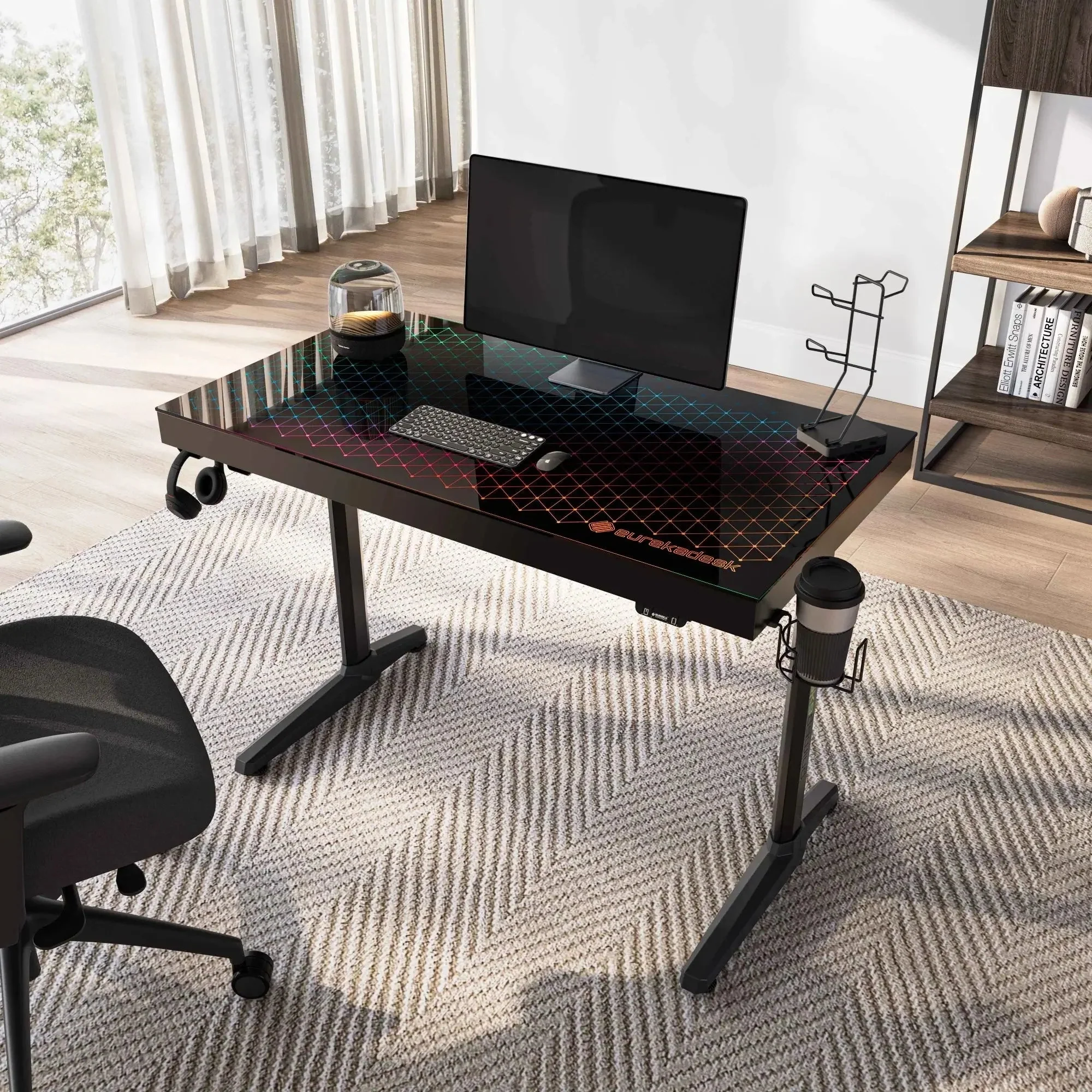 47'' Gaming Desk with Monitor Stand and Cup Holder, Black