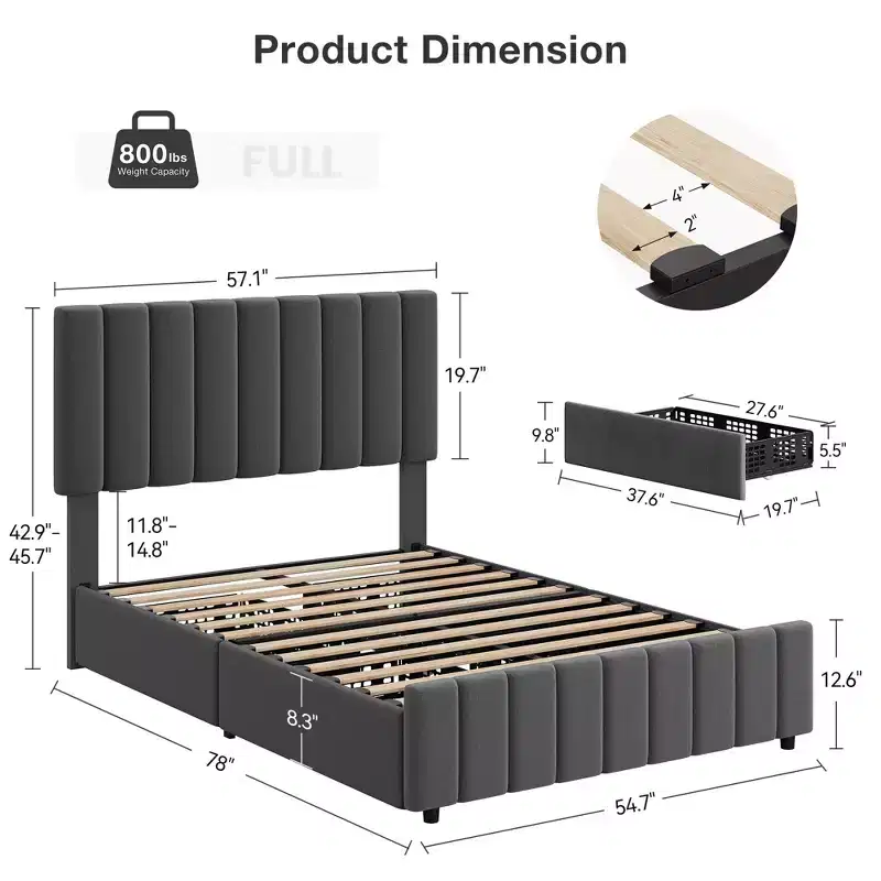Bed Frame, Platform Bed - Full Size with 4 Storage Drawers, Adjustable Height Headboard, Linen Upholstered, No Box Spring Needed (Grey)
