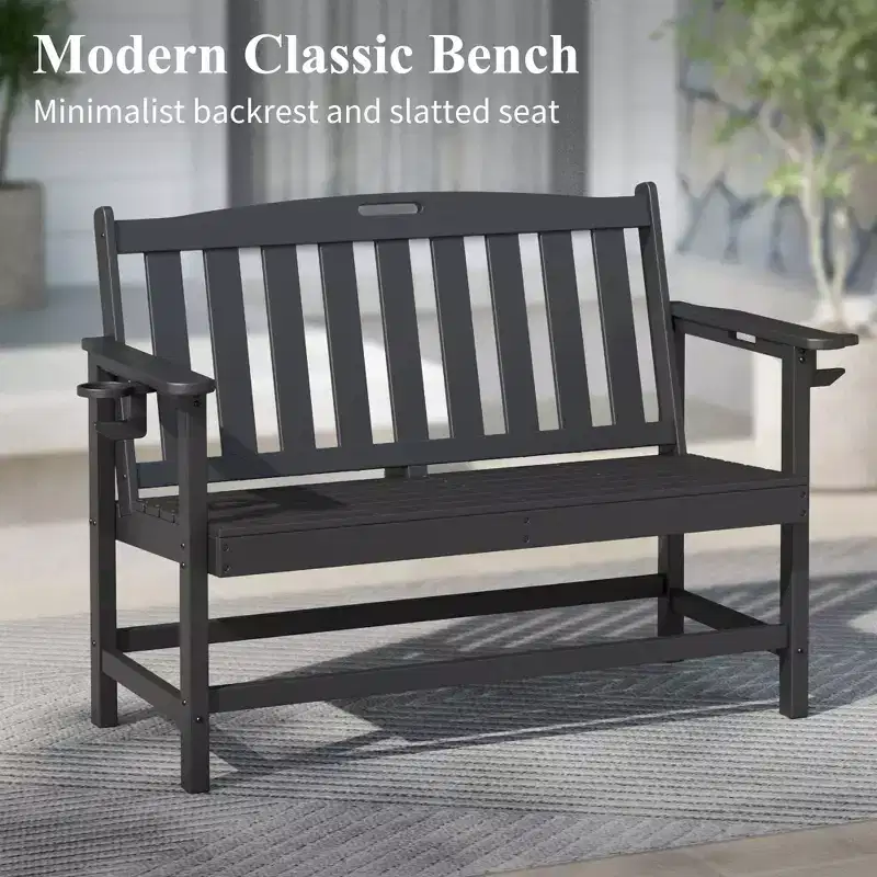 Captiva Designs HDPE Outdoor Bench with Cup Holders, Weather-Resistant 2-Person Patio Bench, 700 lb Capacity, Garden & Porch Seating