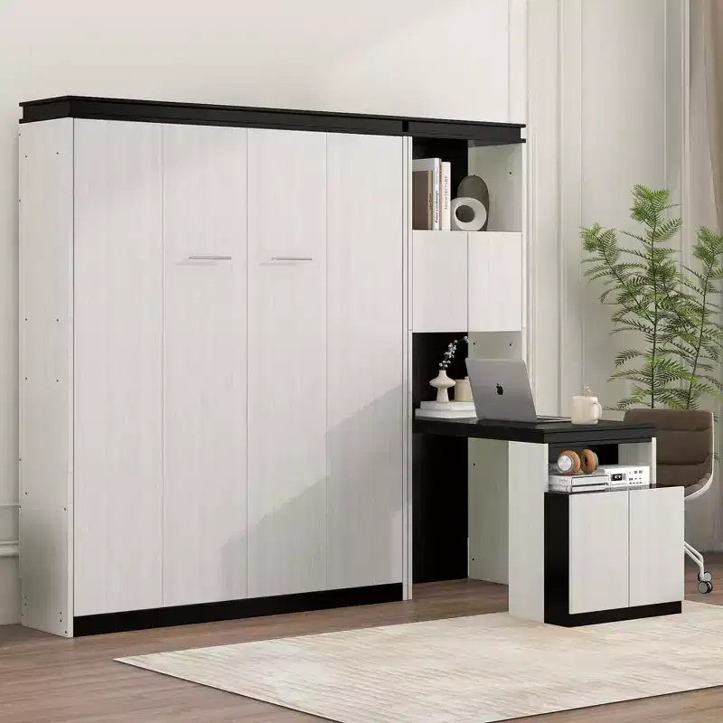 Full Size Wall Murphy Bed with Desk, Storage Shelves and Cabinets, Black and White