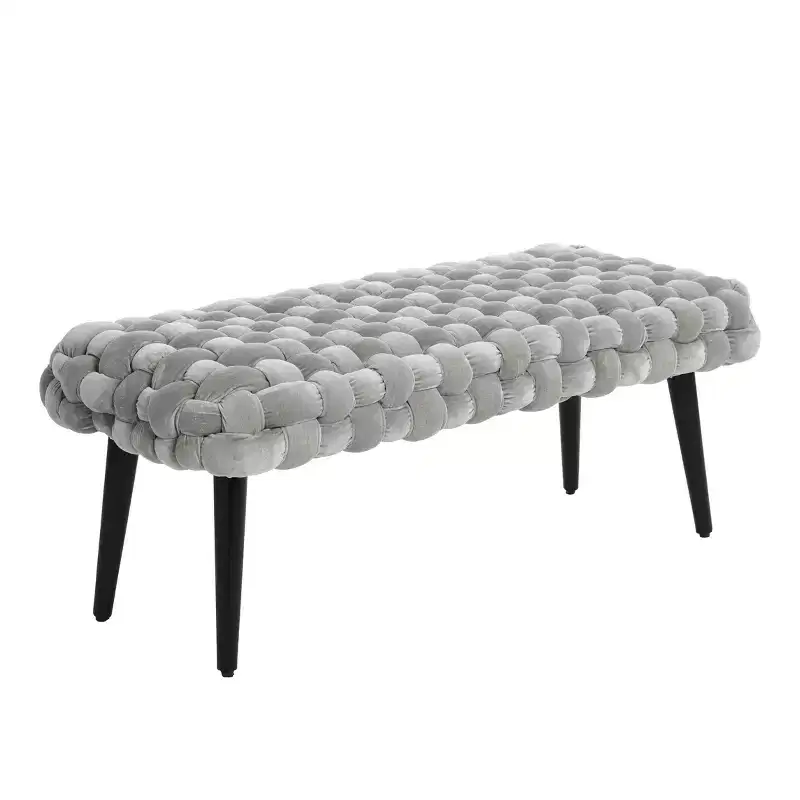 Velvet Entryway Bench, Gray - Upholstered Ottoman, Acacia Frame, 44.5