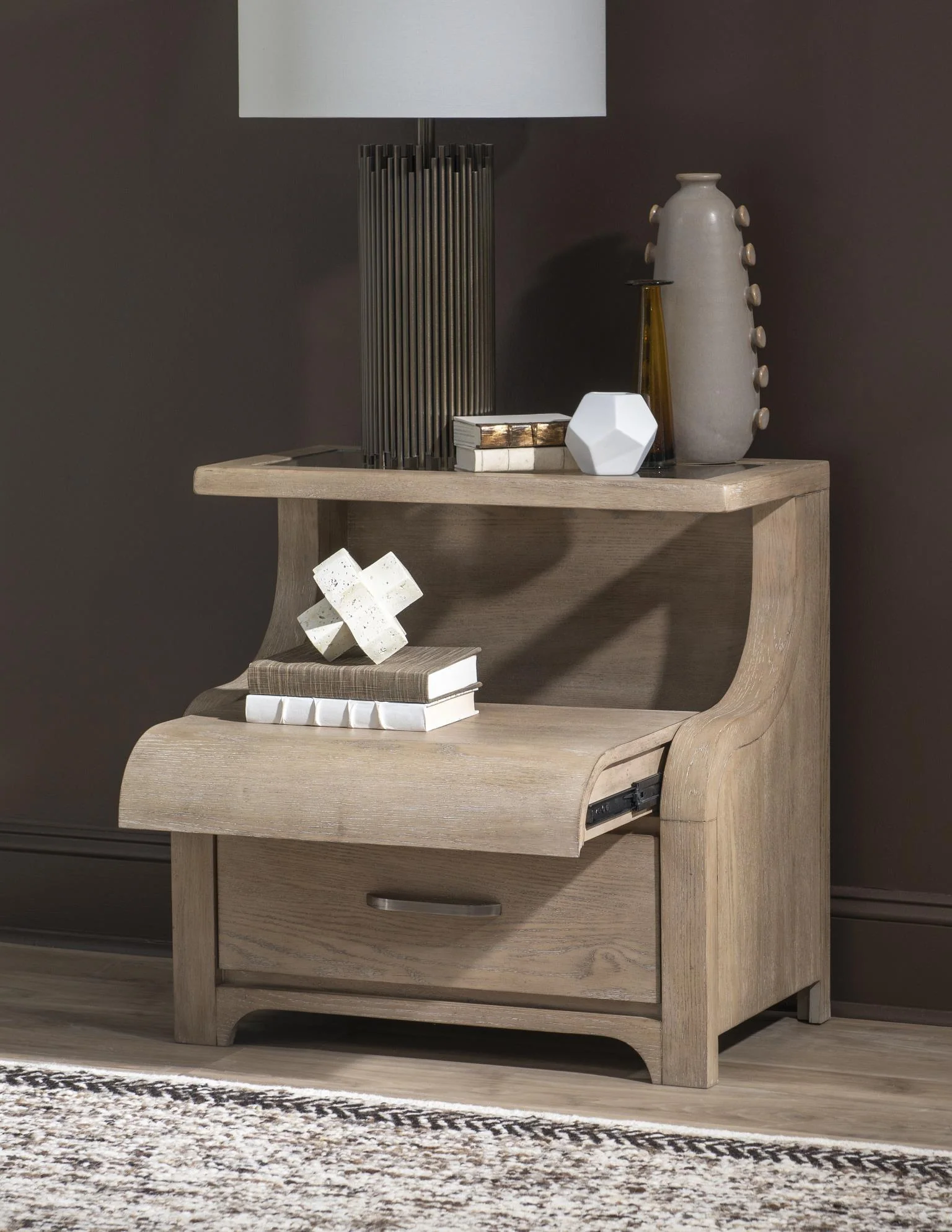 1 Nightstands d product Features Soft Finish Gentle Case Shaping Brushed Silver Hardware 1