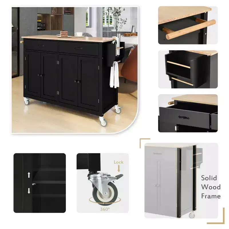 Mobile Kitchen Island Cart, Rolling Kitchen Island With 2 Drawers, 4 Doors Cabinet, Kitchen Island on Wheels for Hotel Kitchen Dinning Room