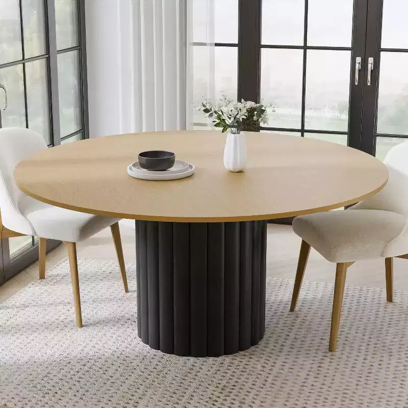 PexFix 60 Solid Wood Round Dining Table Kitchen Table for 6-8 with Tabletop & Textured Cylindrical Base for Living/Dining Room Coffee Office Natural