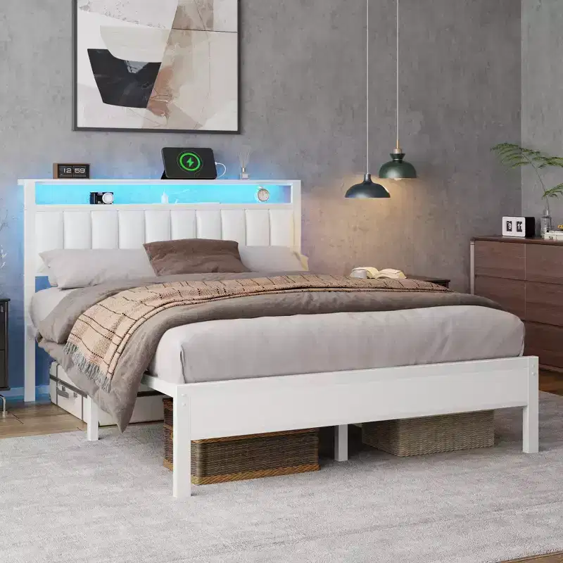 White Queen Size Bed Frame With LED Lights Charging Station Faux Leather Upholstered Storage Headboard Shelf Platform No Box Spring Needed Modern