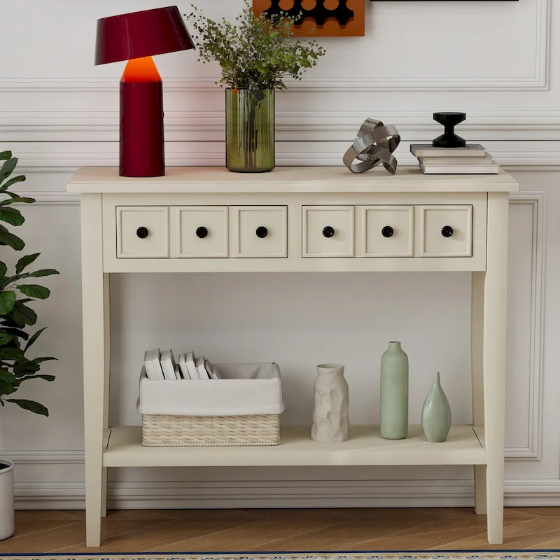 38.2 Rustic Console Table with Open Shelf and Three Drawers, Rubber Wood Legs