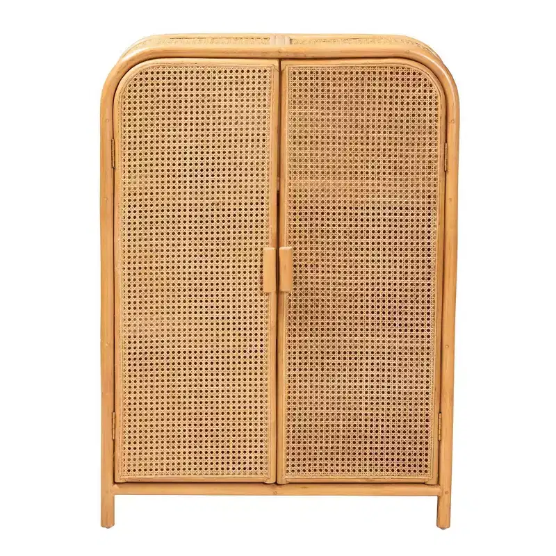 Rattan 2 Door Storage Cabinet Light honey: Plywood Frame, Fixed Shelves, No Assembly Required