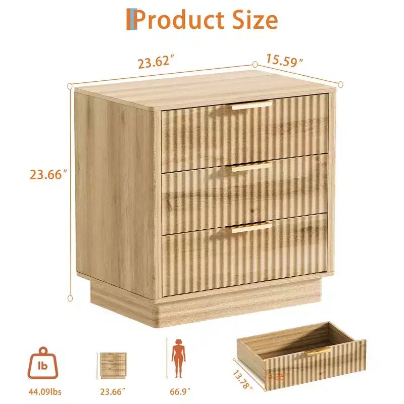 Fluted Wood Nightstand with 3 Large Drawers, Mid-Century Modern Bedside Table, Freestanding Storage End Table for Bedroom & Living Room