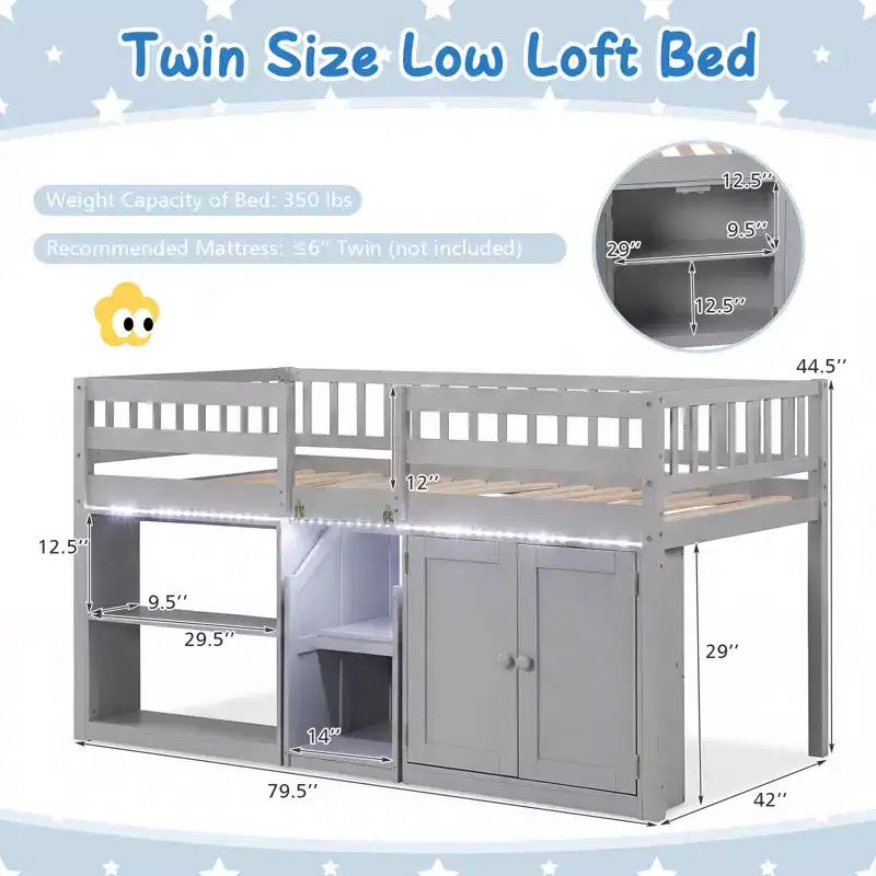Twin Low Loft Bed with LED Light, Stairs & Guardrails, Modern Pine Wood Kids Bed, White/Mint/Gray