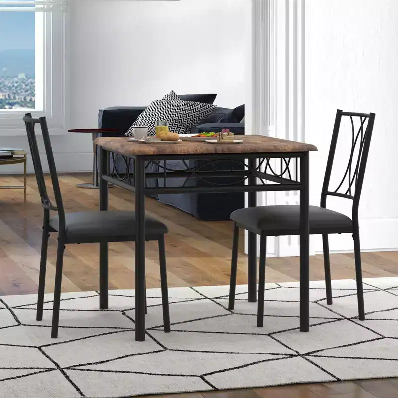 3-Piece Dining Room Table Set for 2, Industrial Wooden Kitchen Table and 2 PU Leather Padded Chairs with Metal Frame for Small Space, Apartment