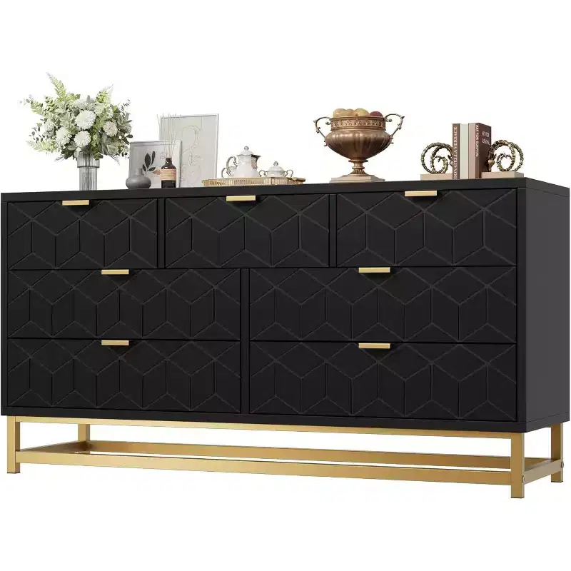 Acekool Drawer Dresser, 53.5 Wide Modern Chest with Fluted Front, Gold Handles & Metal Legs, Storage Organizer for Bedroom, Closet