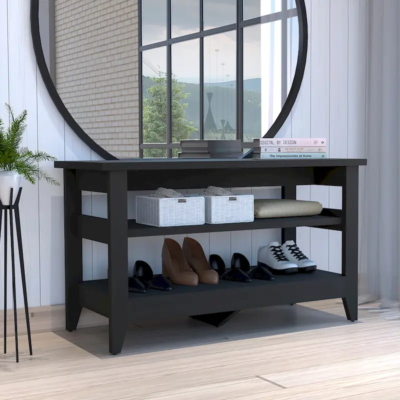 Entryway Storage Bench with 2 Open Shelves & 4 Legs, 43.3