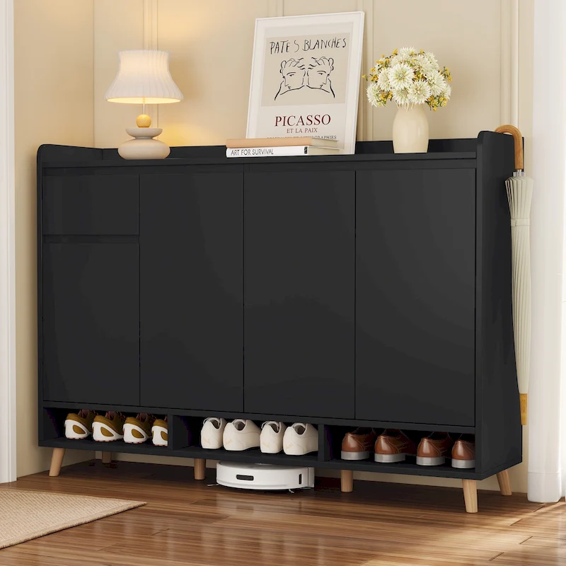 Sleek and Contemporary Shoe Cabinet with Adjustable Shelves, Minimalist Home Organizer with Solid Wood Legs