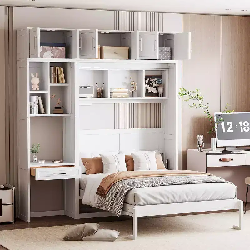 Twin Size Wall Murphy Bed with Top Cabinet, Shelves, LED Light & USB, Space Saving