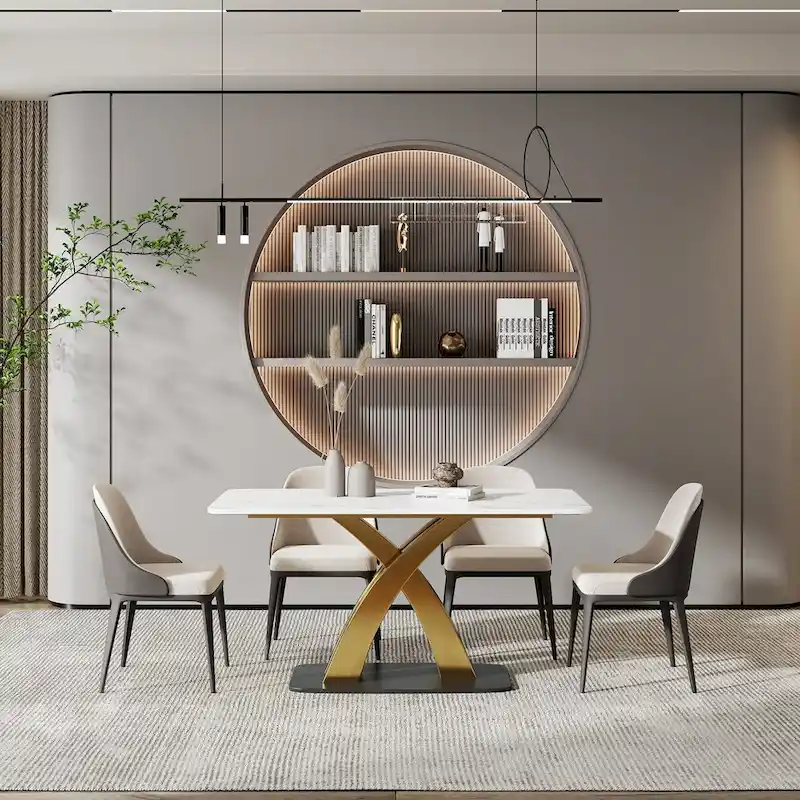 Modern White Rectangular Dining Table,Sintered Stone top,Gold X-Shaped