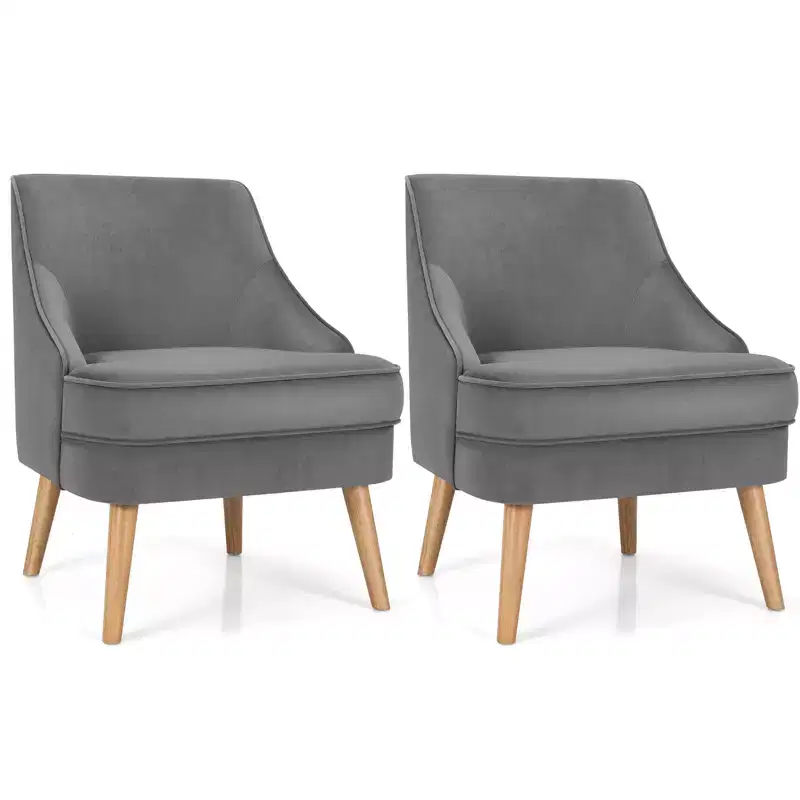 Costway Set of 2 Accent Chairs Velvet Single Sofa Chair w/Rubber Wood Legs Pink\Green\Grey