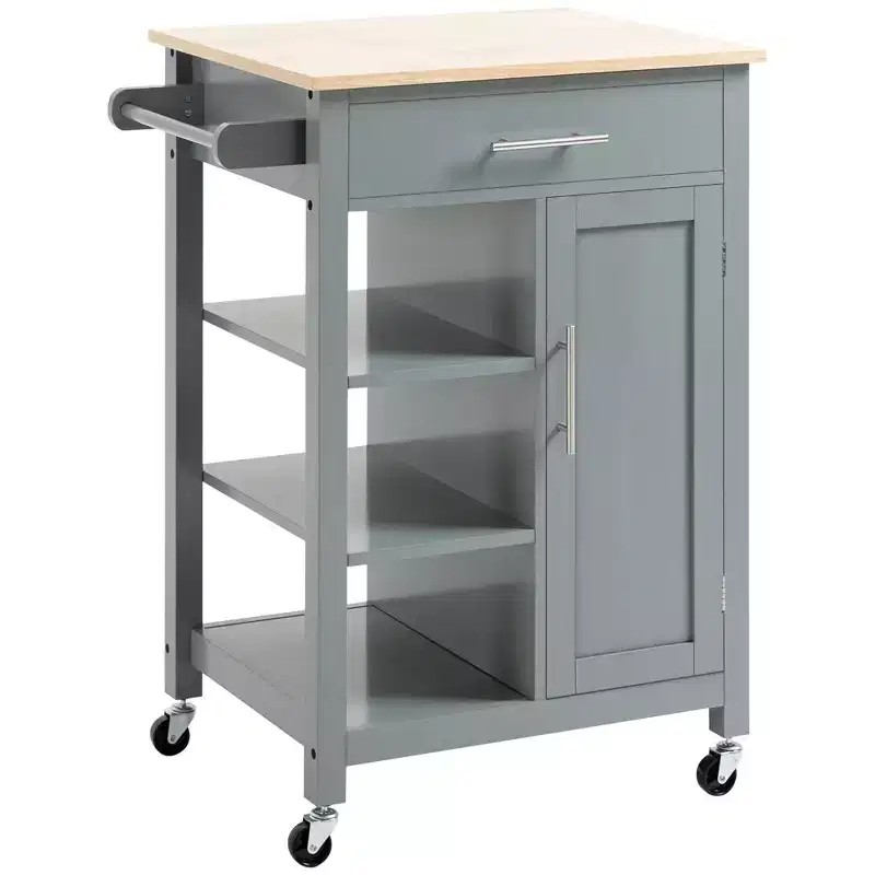 Compact Kitchen Island Cart on Wheels, Rolling Utility Trolley Cart with Storage Shelf & Drawer for Dining Room