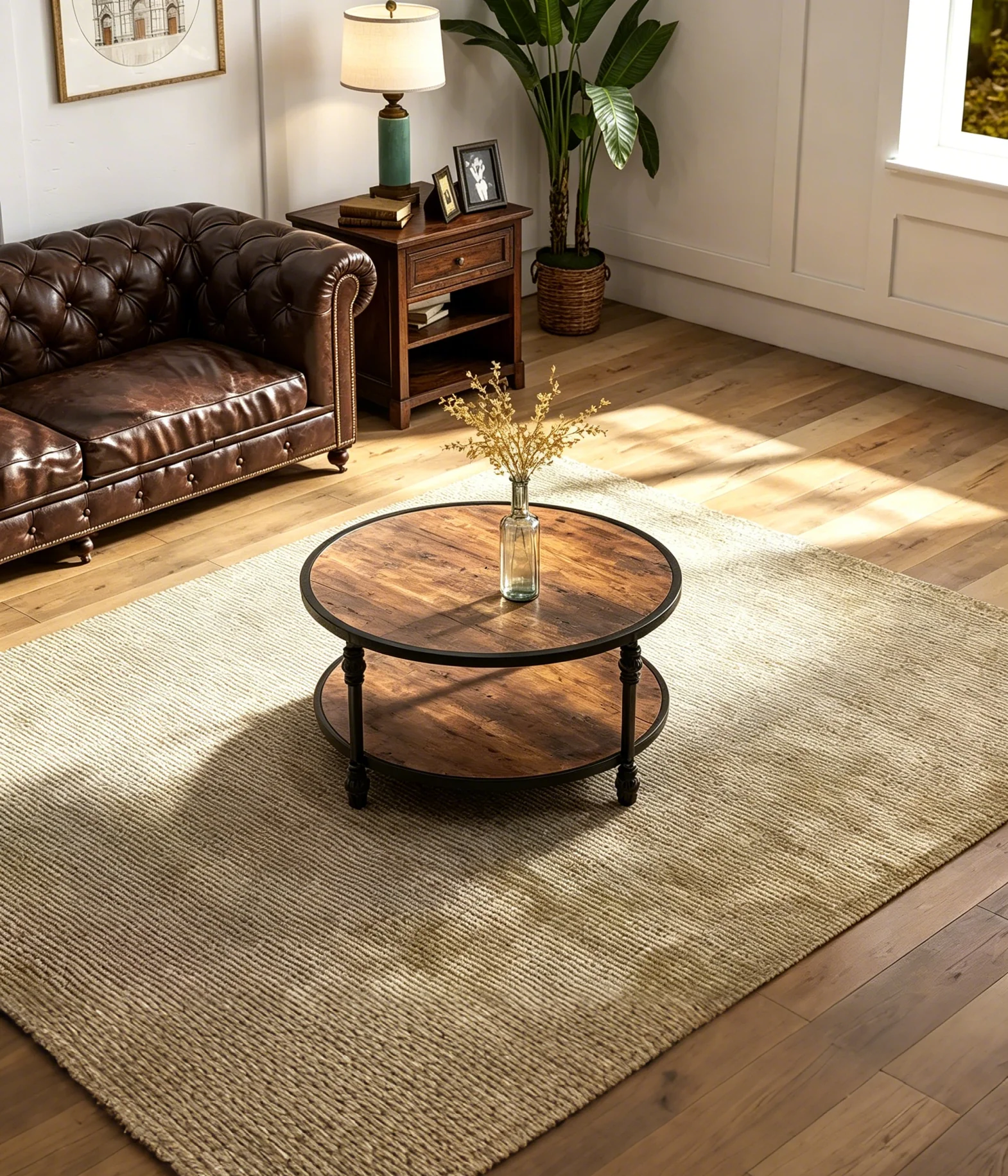 Small Round 2-Tier Coffee Table with Storage Shelf & Metal Frame, Rustic Brown