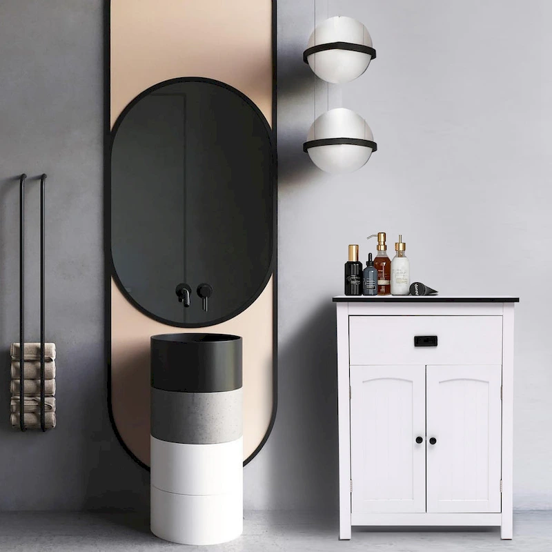 White and Black Wood Bathroom Storage Linen Cabinet - 31.9 H x 23.6 W x 11.8 D